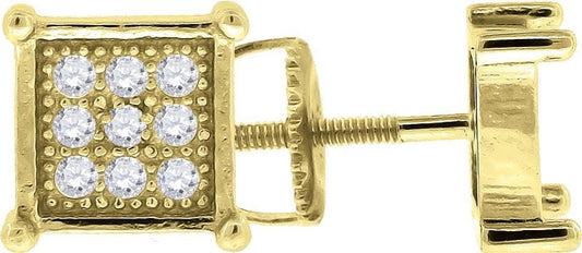 925 Sterling Silver Yellow-tone Cubic Zirconia CZ Square Stud Unisex Screw Back Earrings