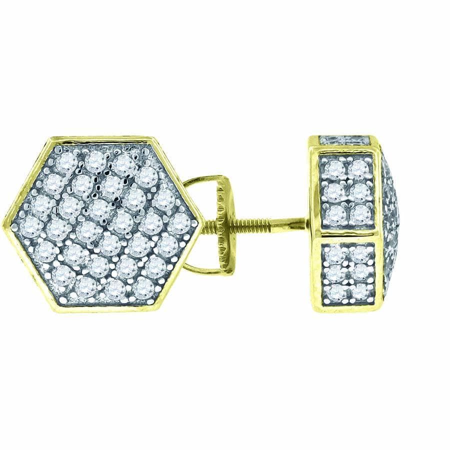 925 Sterling Silver Yellow-tone Cubic Zirconia CZ 3D Hexagon Stud Unisex Screw Back Earrings