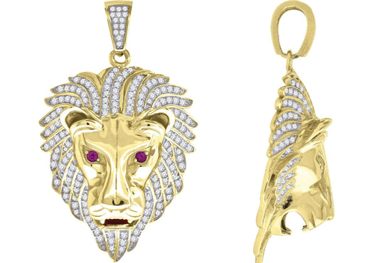 Yellow-tone Sterling Silver Mens Round Cubic Zirconia CZ Lion Face Charm Pendant
