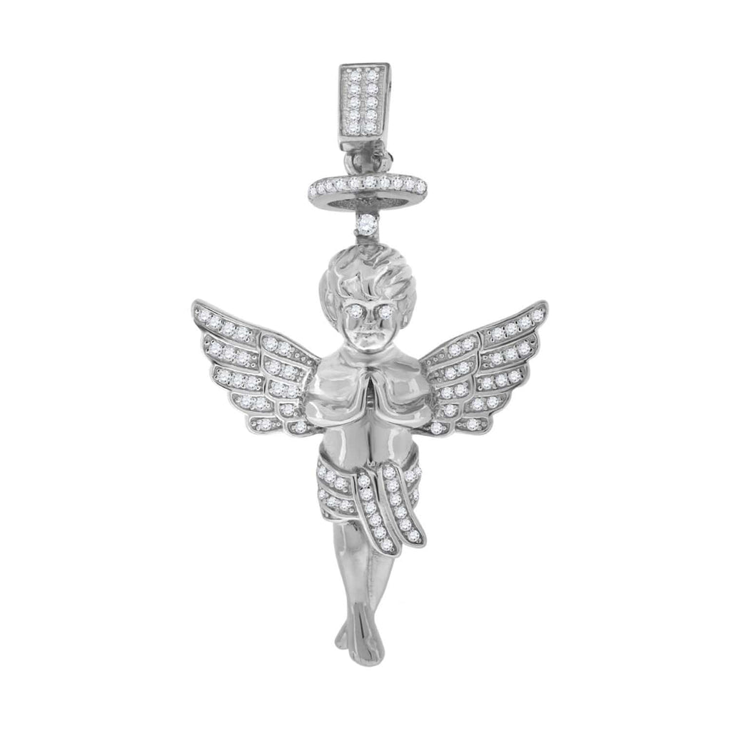 Sterling Silver Men's Round Cubic Zirconia CZ Praying Angel Hands Fashion Charm Pendant