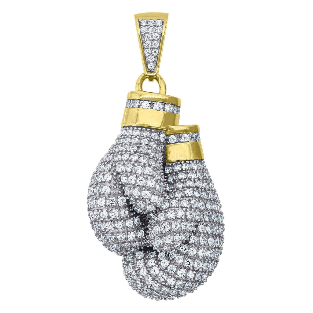 Yellow-tone Sterling Silver Men's Round Cubic Zirconia CZ Boxing Gloves Cluster Charm Pendant