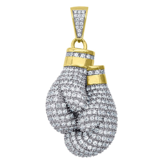 Yellow-tone Sterling Silver Men's Round Cubic Zirconia CZ Boxing Gloves Cluster Charm Pendant