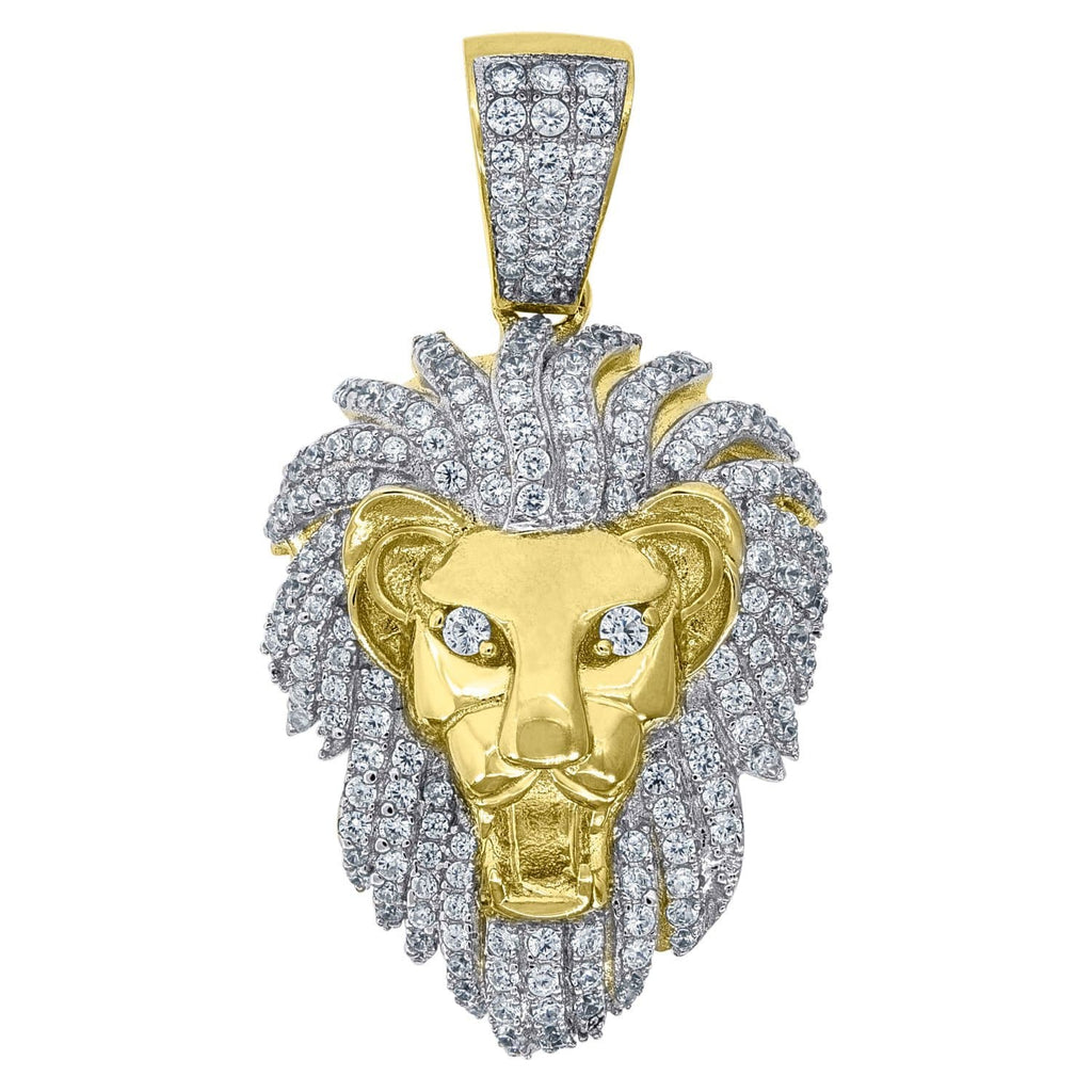925 Sterling Silver Yellow-tone Cubic Zirconia CZ Lion Head Mens Fashion Pendant Charm