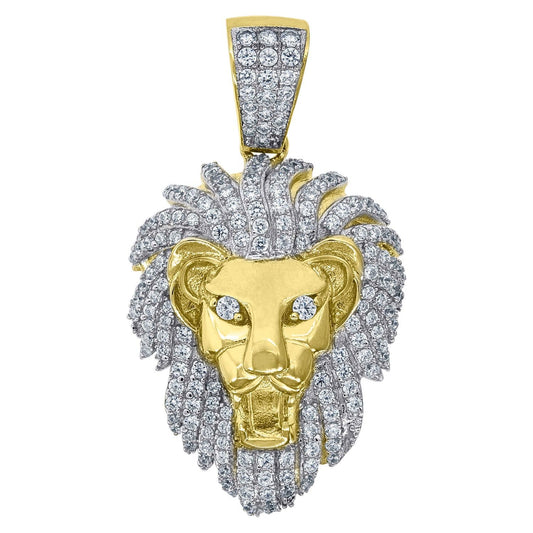925 Sterling Silver Yellow-tone Cubic Zirconia CZ Lion Head Mens Fashion Pendant Charm