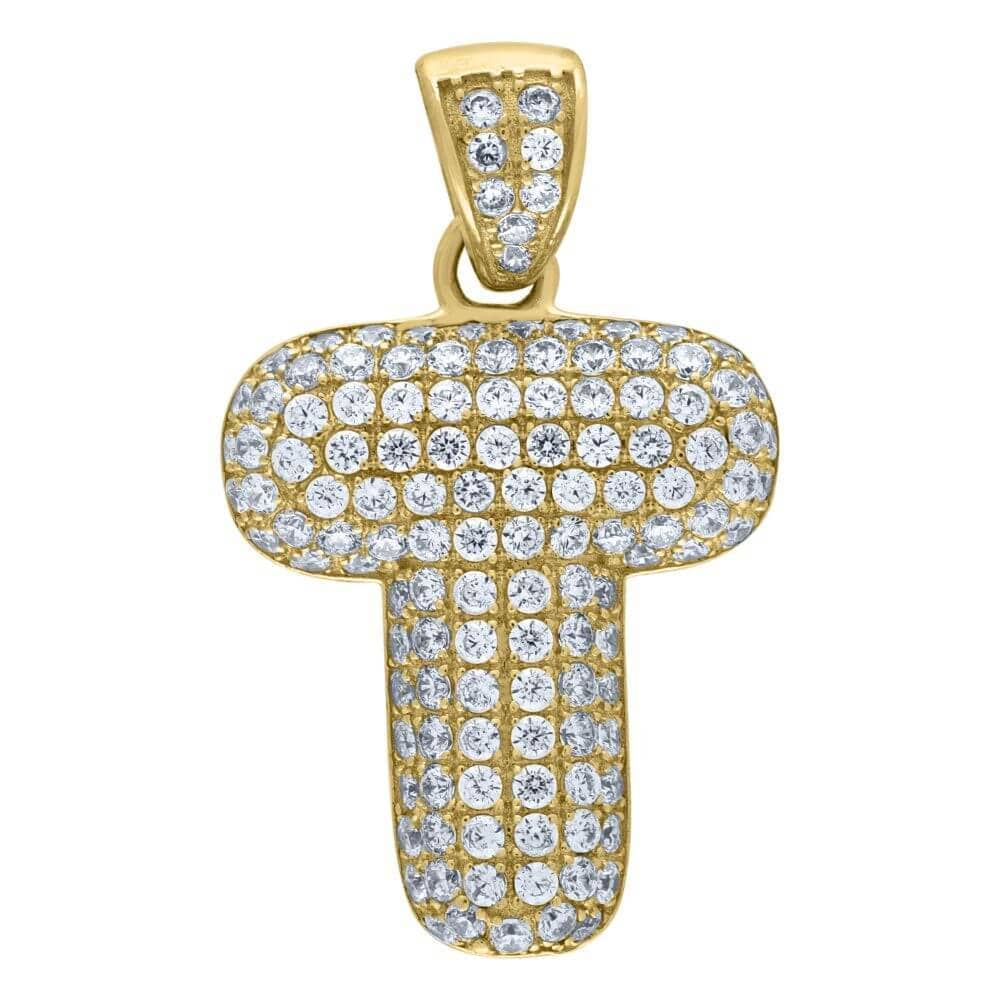 10K Yellow Gold Iced Out CZ Bubble Initial Letter "T" Charm Pendant 3.1 Grams