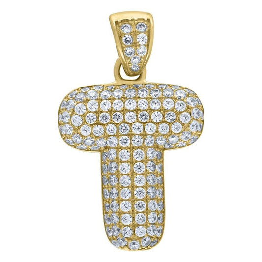 10K Yellow Gold Iced Out CZ Bubble Initial Letter "T" Charm Pendant 3.1 Grams