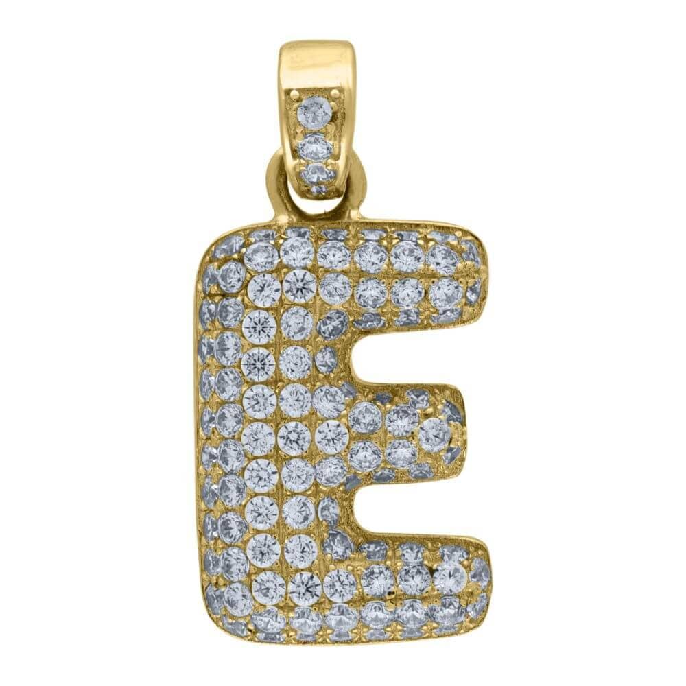 10K Yellow Gold Iced Out CZ Bubble Initial Letter "E" Charm Pendant 2 Grams