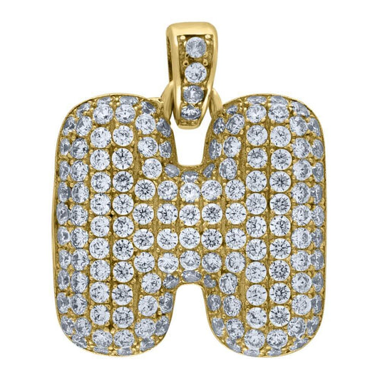 10K Yellow Gold Iced Out CZ Bubble Initial Letter "H" Charm Pendant 2.8 Grams
