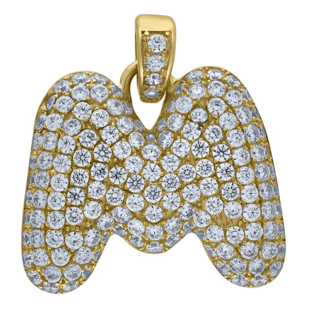 10K Yellow Gold Iced Out CZ Bubble Initial Letter "M" Charm Pendant 2.8 Grams