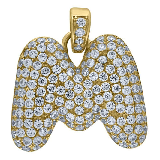 10K Yellow Gold Iced Out CZ Bubble Initial Letter "M" Charm Pendant 2.8 Grams