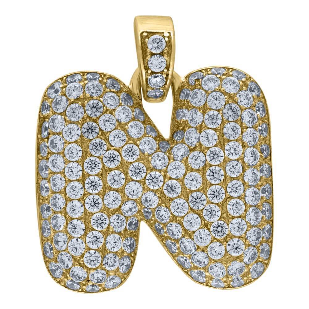 10K Yellow Gold Iced Out CZ Bubble Initial Letter "N" Charm Pendant 5.4 Grams