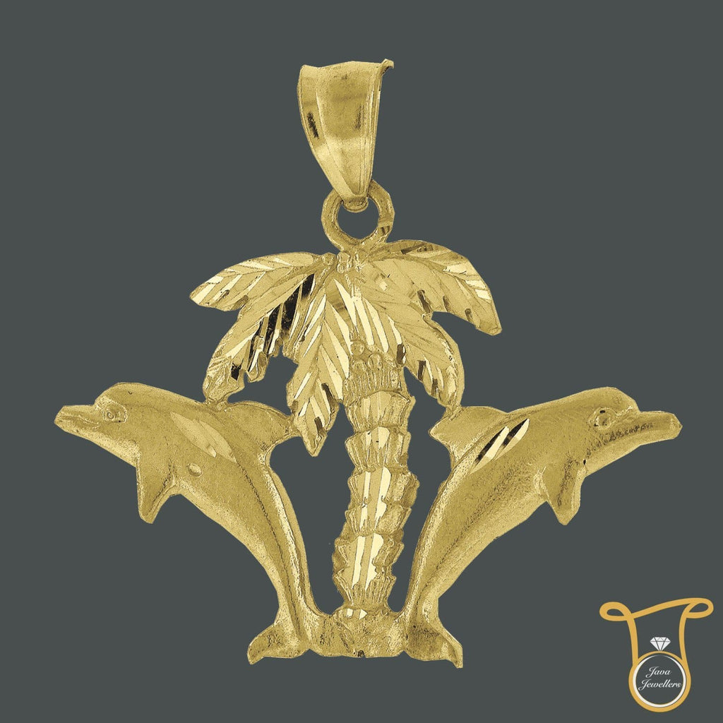 10kt Yellow Gold Hawaiian Palm Tree Double Dolphin Fashion Charm Pendant