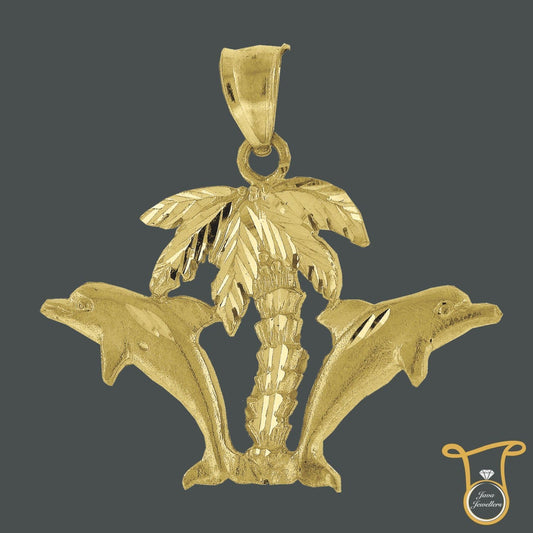 10kt Yellow Gold Hawaiian Palm Tree Double Dolphin Fashion Charm Pendant