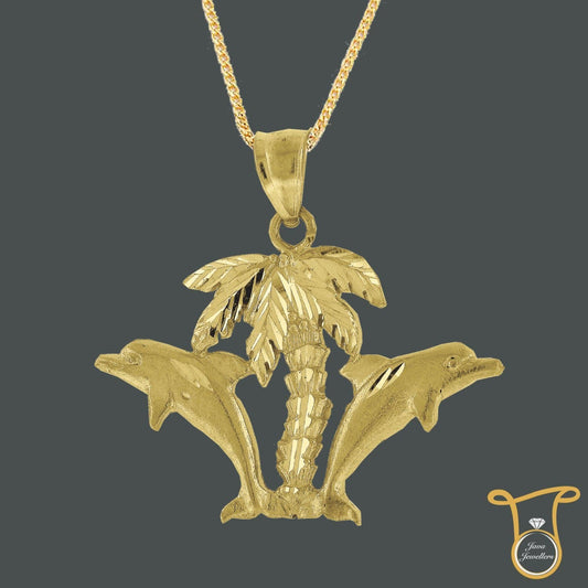 10kt Yellow Gold Hawaiian Palm Tree Double Dolphin Fashion Charm Pendant