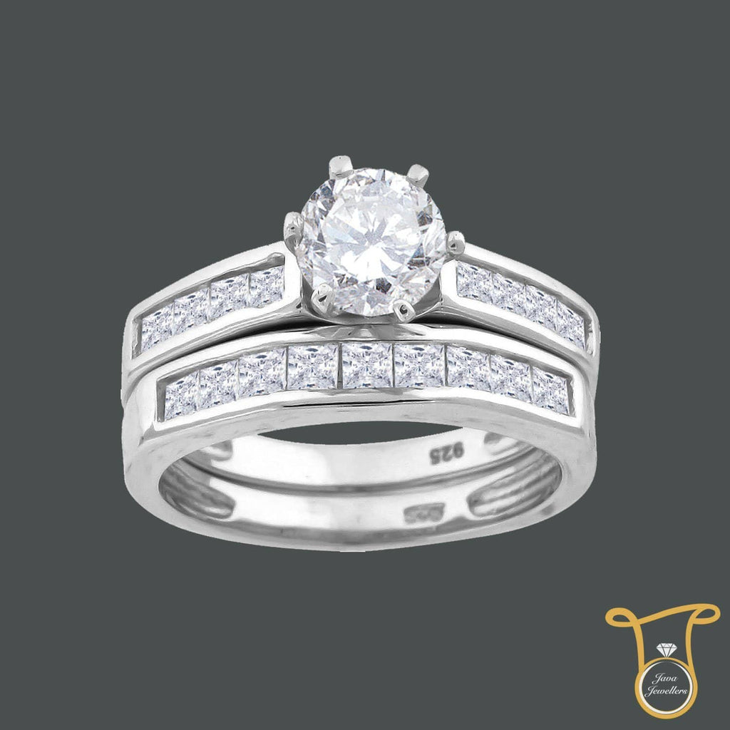 Sterling Silver Round Cubic Zirconia CZ Solitaire Bridal Wedding Ring Set